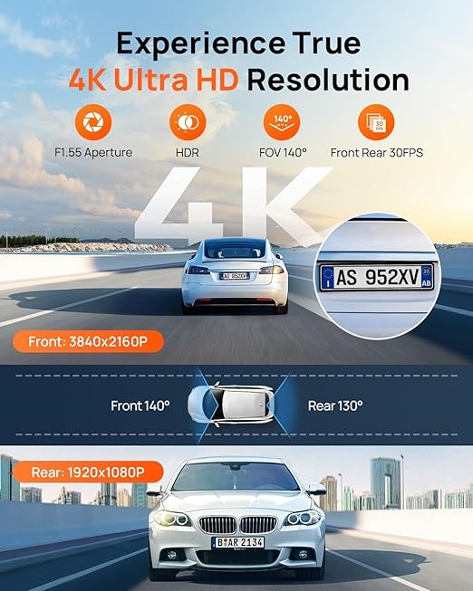 4K Dash Cam Front and Rear with GPS & WiFi
